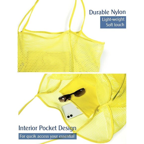 Women's Yellow Mesh Beach Tote Nylon/polyester No-closure Shoulder Hand Bag - Picture 3 of 6